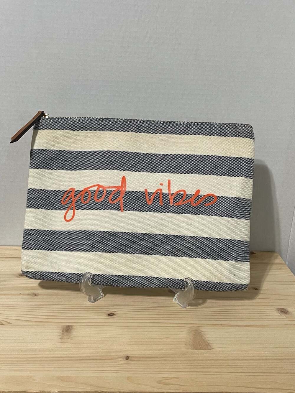 Stella & Dot All In Pouch Good Vibes Navy & Cream Striped Zippered Makeup Bag